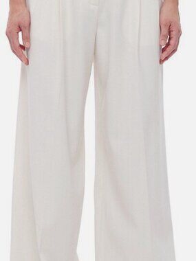 Another Tomorrow Women's Ivory Wool Twill Pleated Wide Leg Trousers Size 46